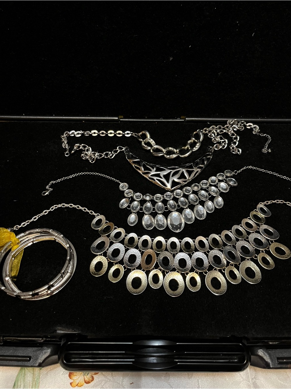Silver Tone Statement Necklace Set - Layered Metallic Necklaces